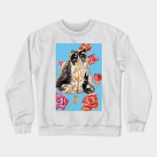 Tuxedo Cat Watercolor Painting and Roses on Light Blue Crewneck Sweatshirt